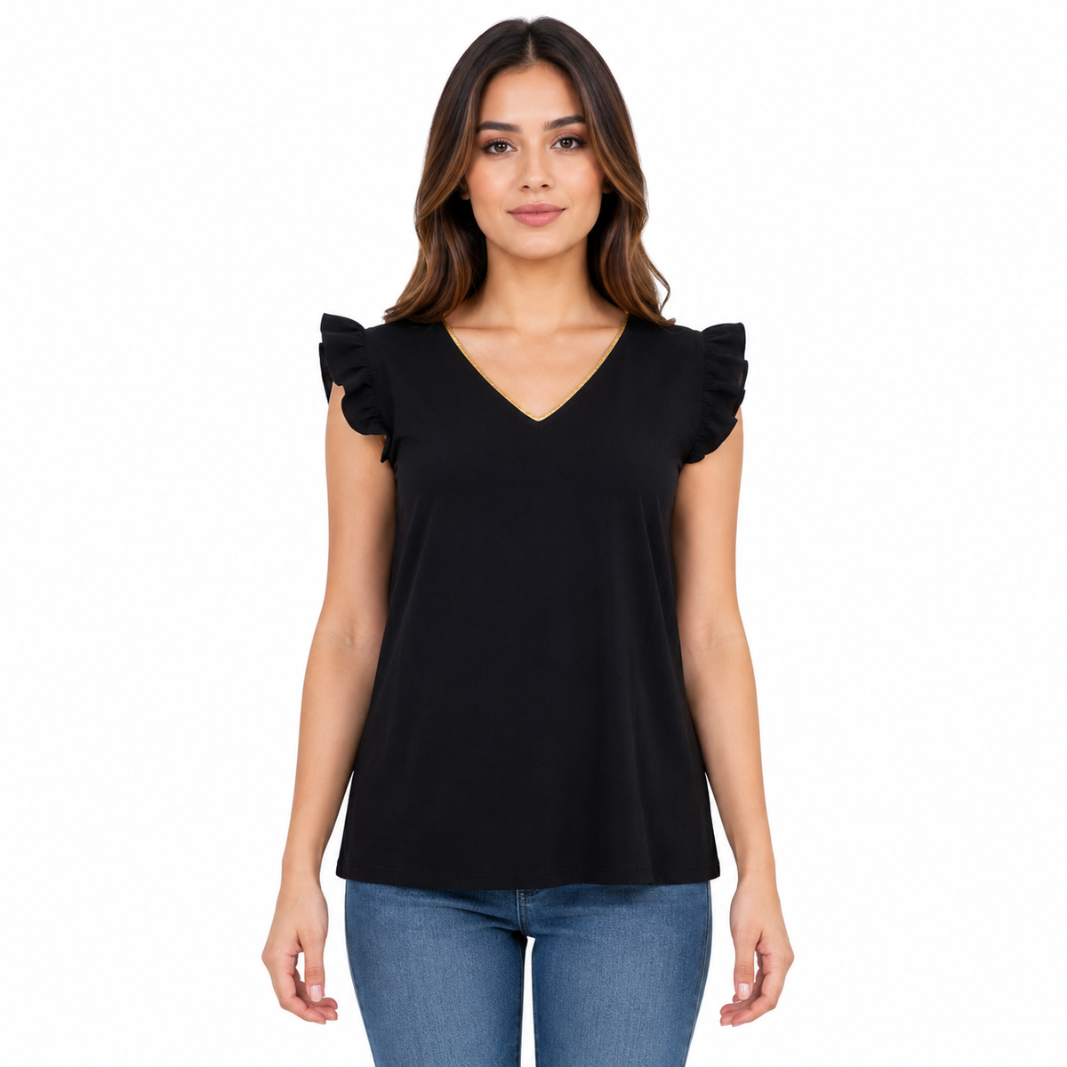 Blusa Cuello V Olanes Negro – de frente