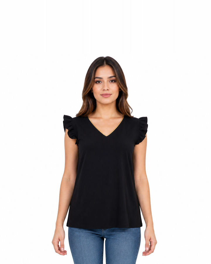 Blusa Cuello V Olanes Negro – de frente