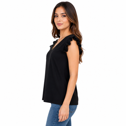 Blusa de cuello V con manga de olanes Negro