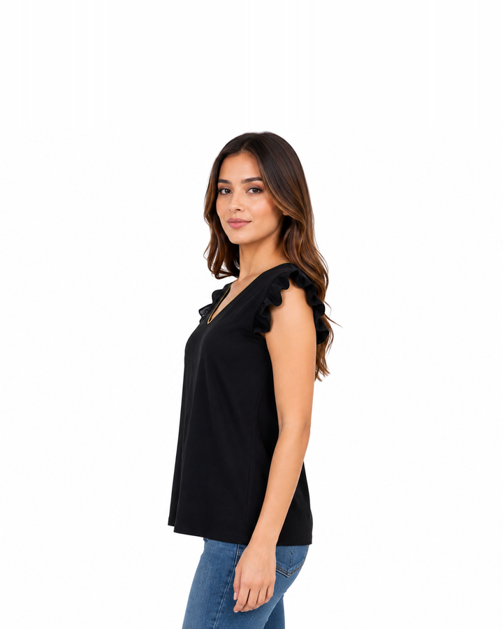 Blusa Cuello V Olanes Negro – de lado