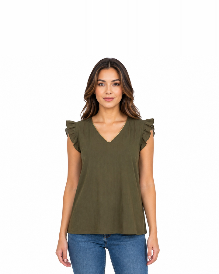 Blusa Cuello V Olanes Khaki – de frente