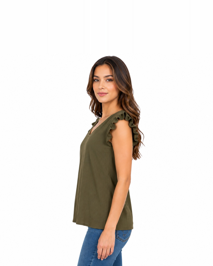 Blusa Cuello V Olanes Khaki – de lado