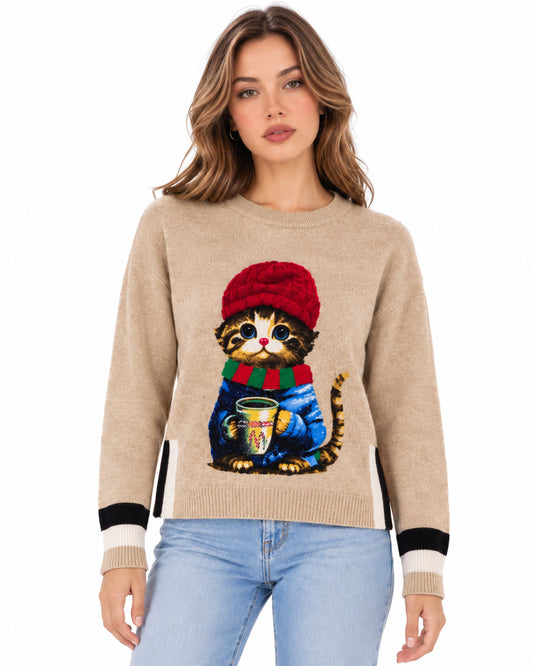 Suéter Gatito Navideño Beige – frente