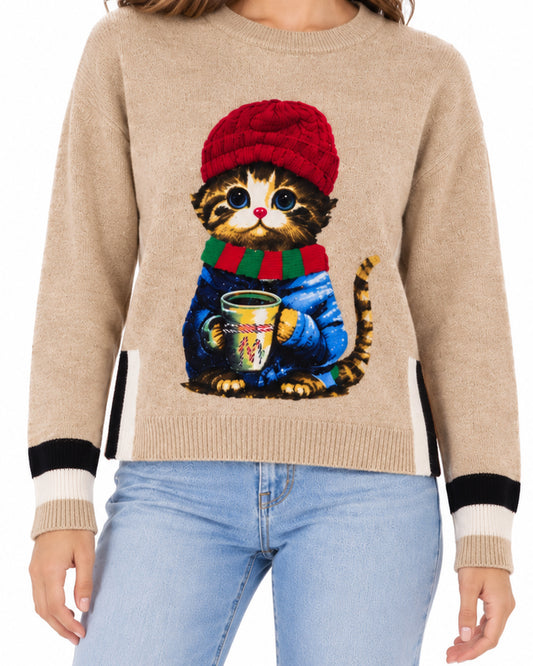 Suéter Gatito Navideño Beige – detalle de la prenda