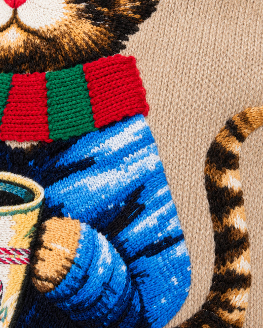 Suéter Gatito Navideño Beige – detalle de tela