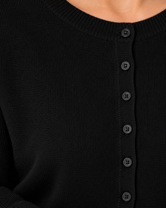 Cárdigan Clásico de Punto Negro – detalle de botones