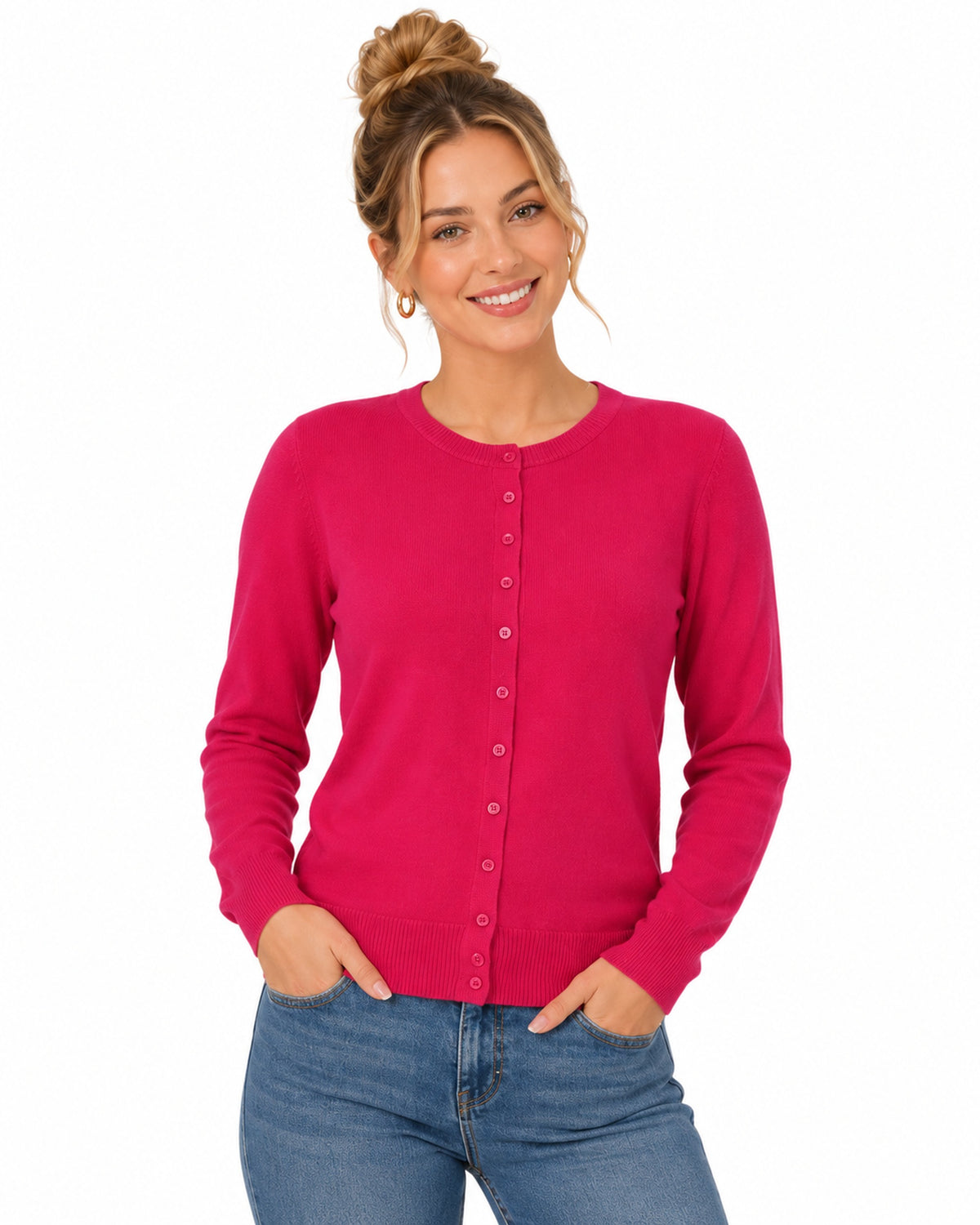 Cárdigan Clásico de Punto Fucsia – frente