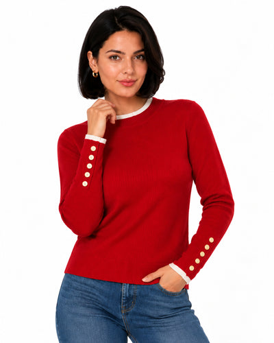 Suéter Canalé Botones Dorados Rojo – frente