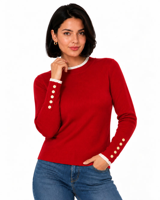 Suéter Canalé Botones Dorados Rojo – frente