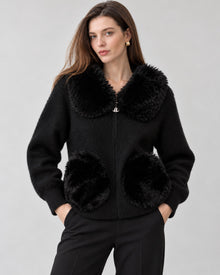 Cárdigan Cuello Peluche Negro – frente