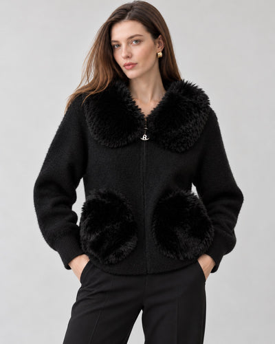 Cárdigan Cuello Peluche Negro – frente