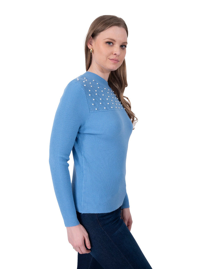 Suéter Perlas Elegante Azul – de tres cuartos