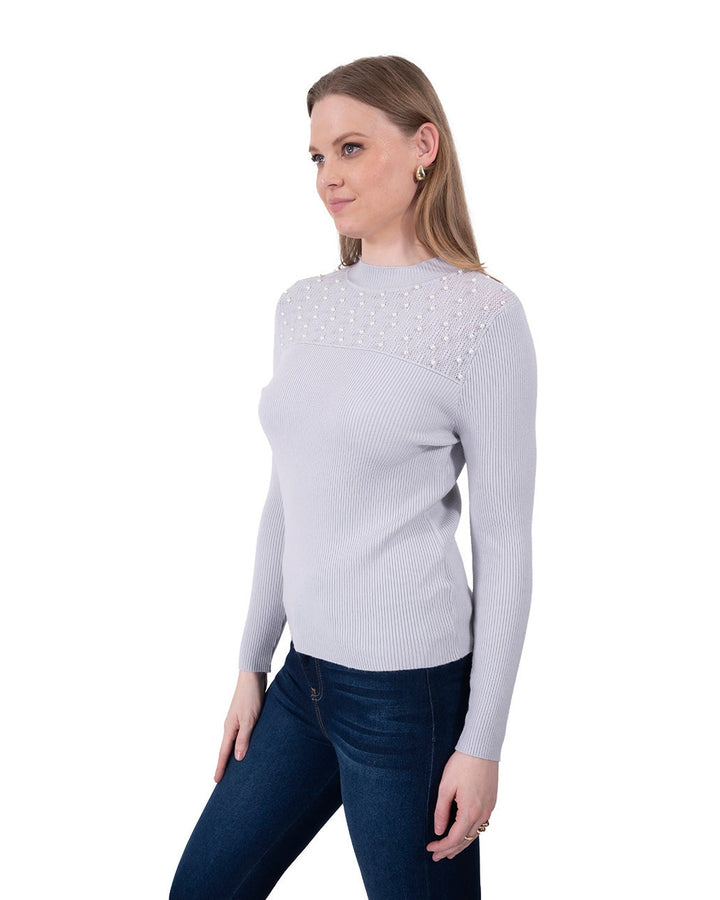 Suéter Perlas Elegante Gris – de tres cuartos