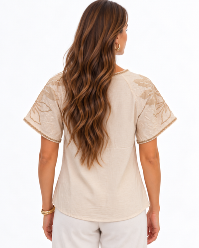 Blusa Bordada Borlas Beige – de espalda