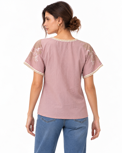 Blusa Bordada Borlas Rosa – de espalda