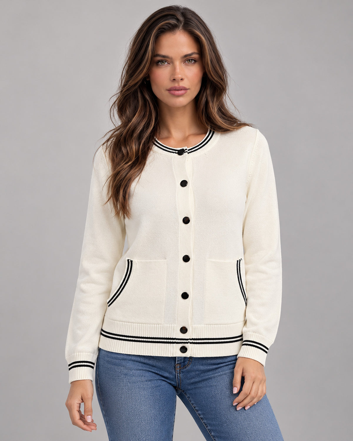 Cárdigan Bomber Ribete Contraste Hueso – frente
