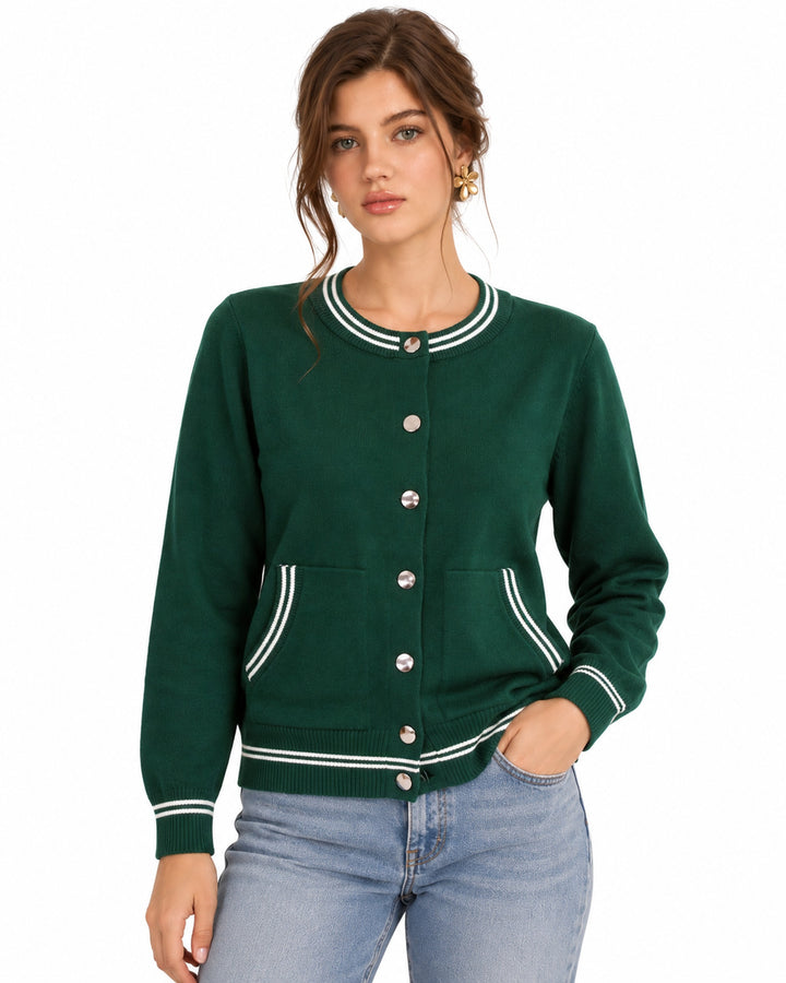 Cárdigan Bomber Ribete Contraste Verde – frente