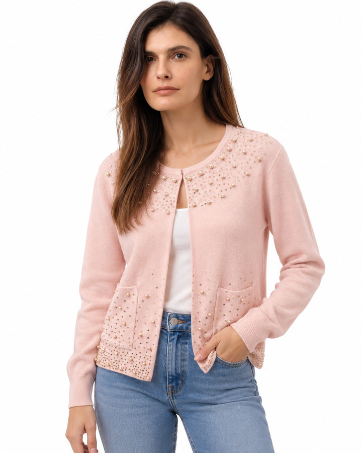 Cárdigan Perlas y Pedrería Rosa – frente