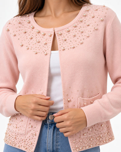 Cárdigan Perlas y Pedrería Rosa – detalle de la prenda