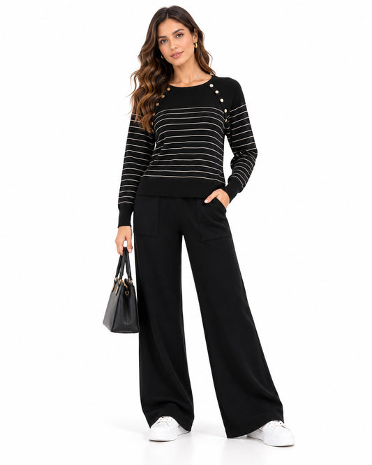 Conjunto Suéter Rayas Botones Dorados Negro – frente