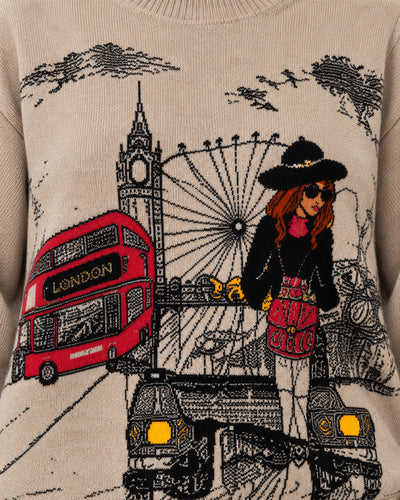 Suéter Ilustración Londres Beige – detalle de la ilustración