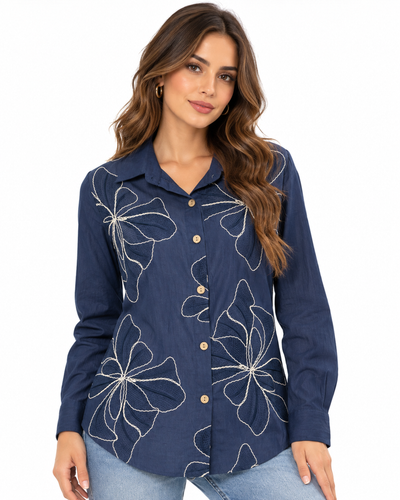 Camisa Bordada Flores Marino – frente