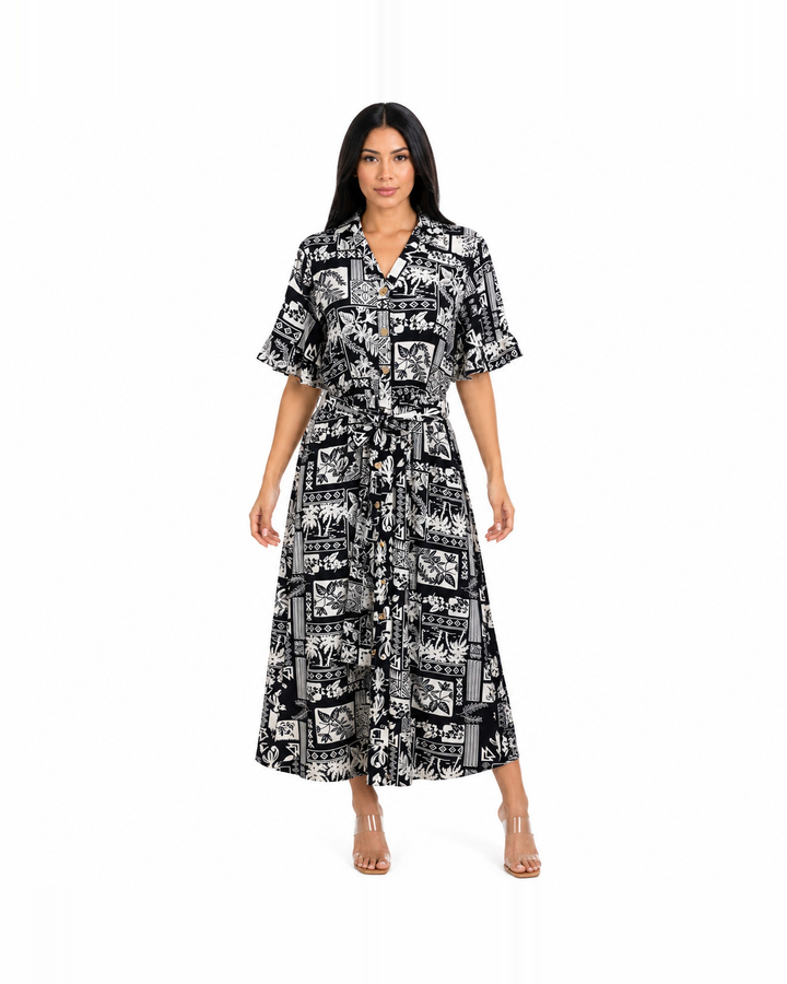 Vestido camisero midi estampado con cinturón anudable Negro