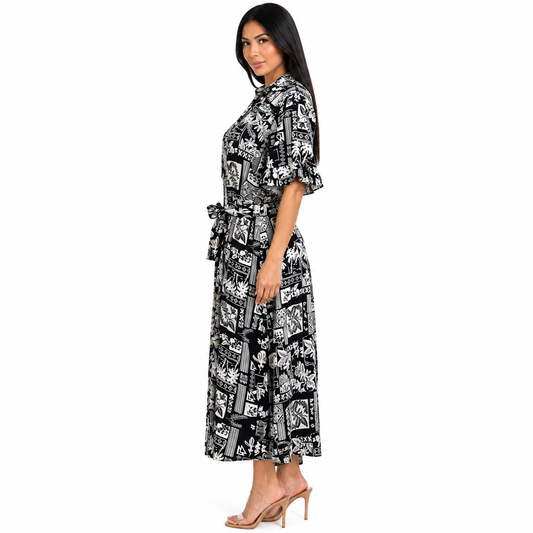 Vestido camisero midi estampado con cinturón anudable Negro