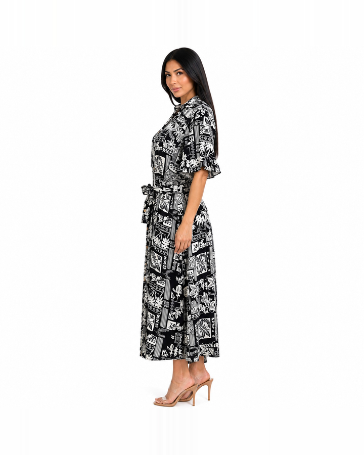 Vestido camisero midi estampado con cinturón anudable Negro