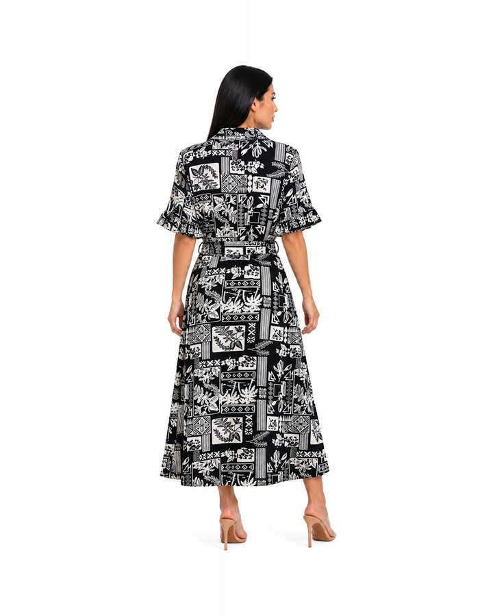 Vestido camisero midi estampado con cinturón anudable Negro