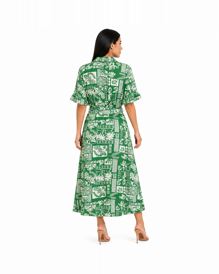 Vestido camisero midi estampado con cinturón anudable Verde