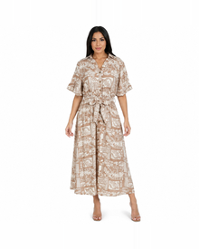 Vestido camisero midi estampado con cinturón anudable Camel