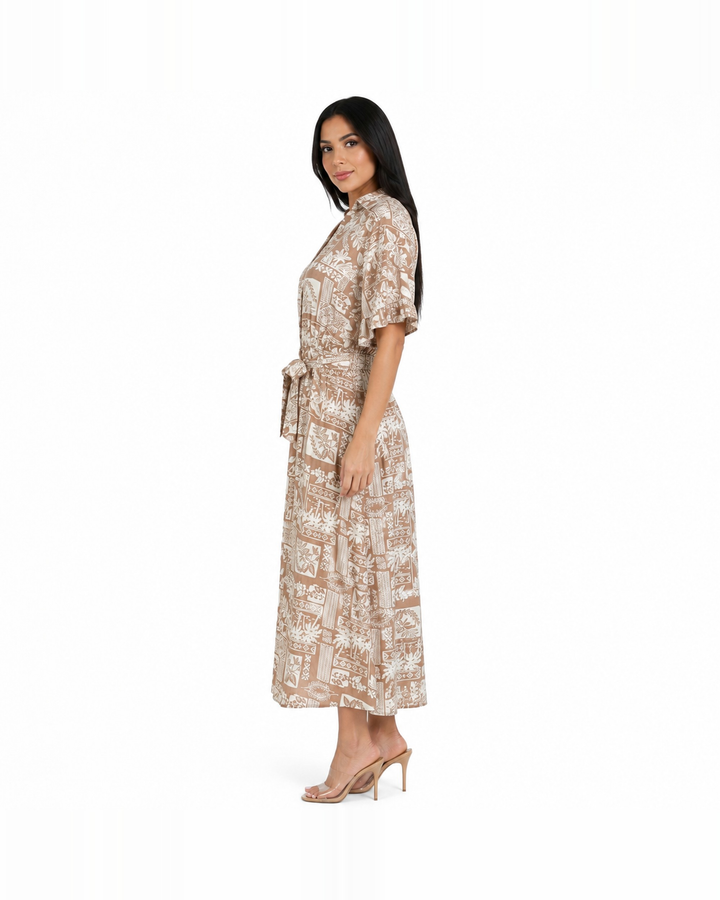 Vestido camisero midi estampado con cinturón anudable Camel