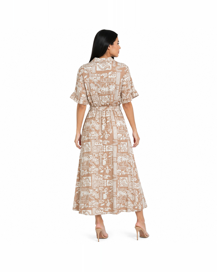 Vestido camisero midi estampado con cinturón anudable Camel