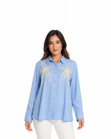 Camisa Bordado Floral Azul – de frente