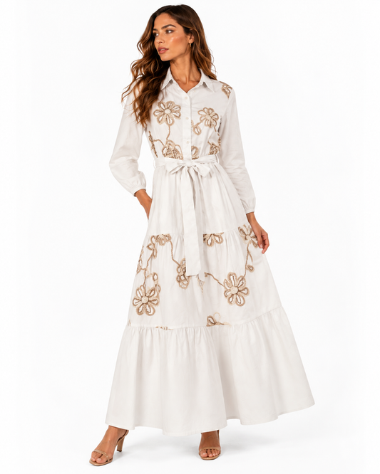 Maxivestido Camisero Bordado Blanco – de frente