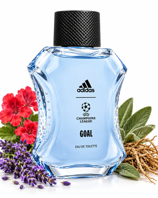 UEFA Champions League Goal Edition Eau de Toilette de Adidas – frasco con sus notas: lavanda, geranio, salvia