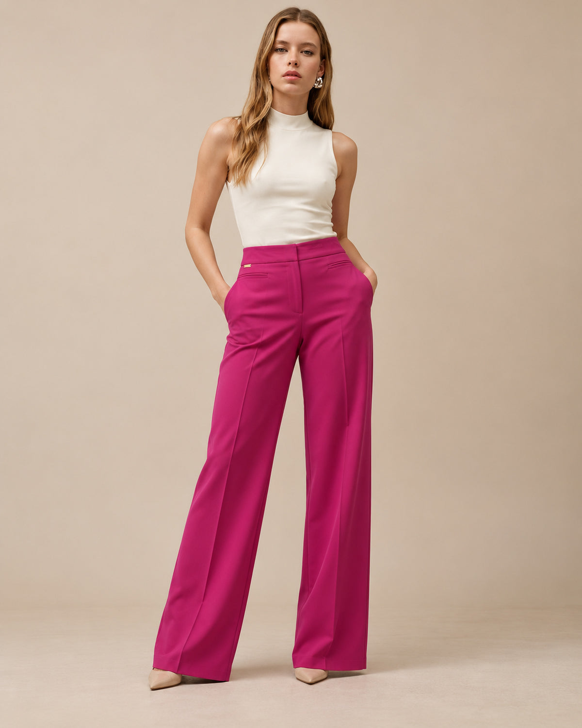 Pantalón Pierna Ancha Tiro Alto Magenta – frente