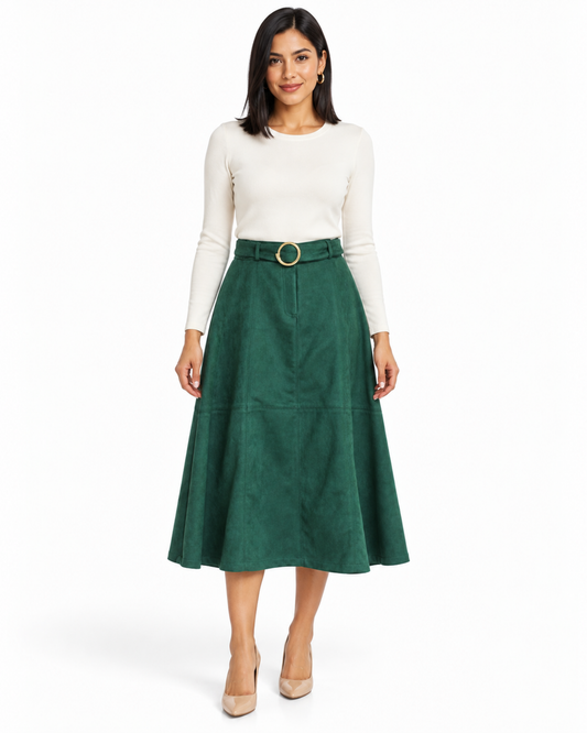 Falda Midi Hebilla Dorada Verde – frente