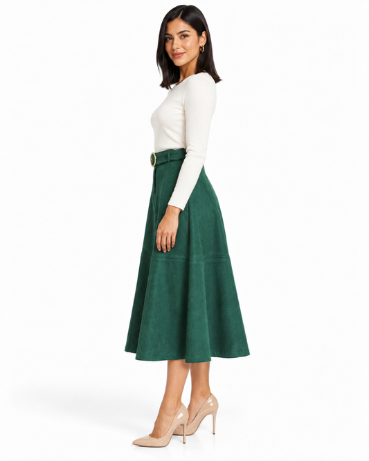 Falda Midi Hebilla Dorada Verde – lateral