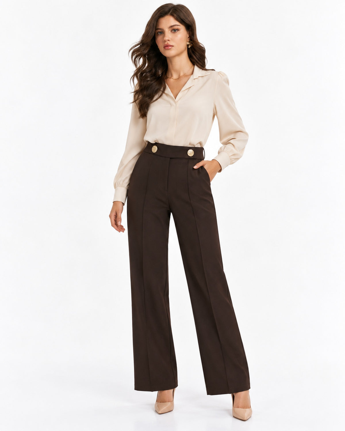 Pantalón Palazzo Botón Joya Café – frente