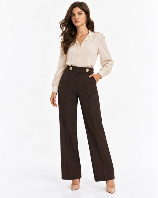 Pantalón Palazzo Botón Joya Café – frente