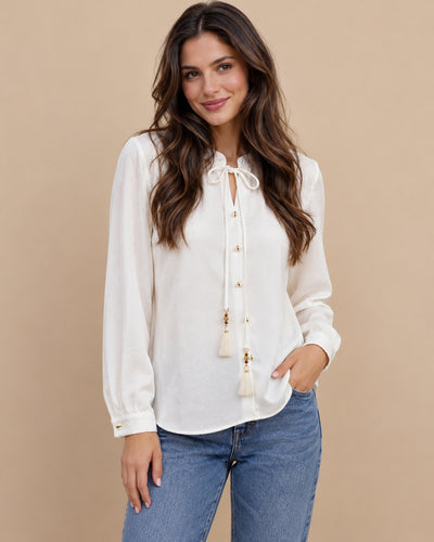Blusa Lazo Borlas Doradas Blanco – frente