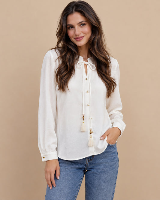 Blusa Lazo Borlas Doradas Blanco – frente
