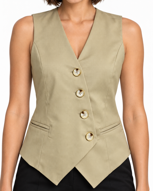 Chaleco Sastre Botón Dorado Beige – detalle de la prenda