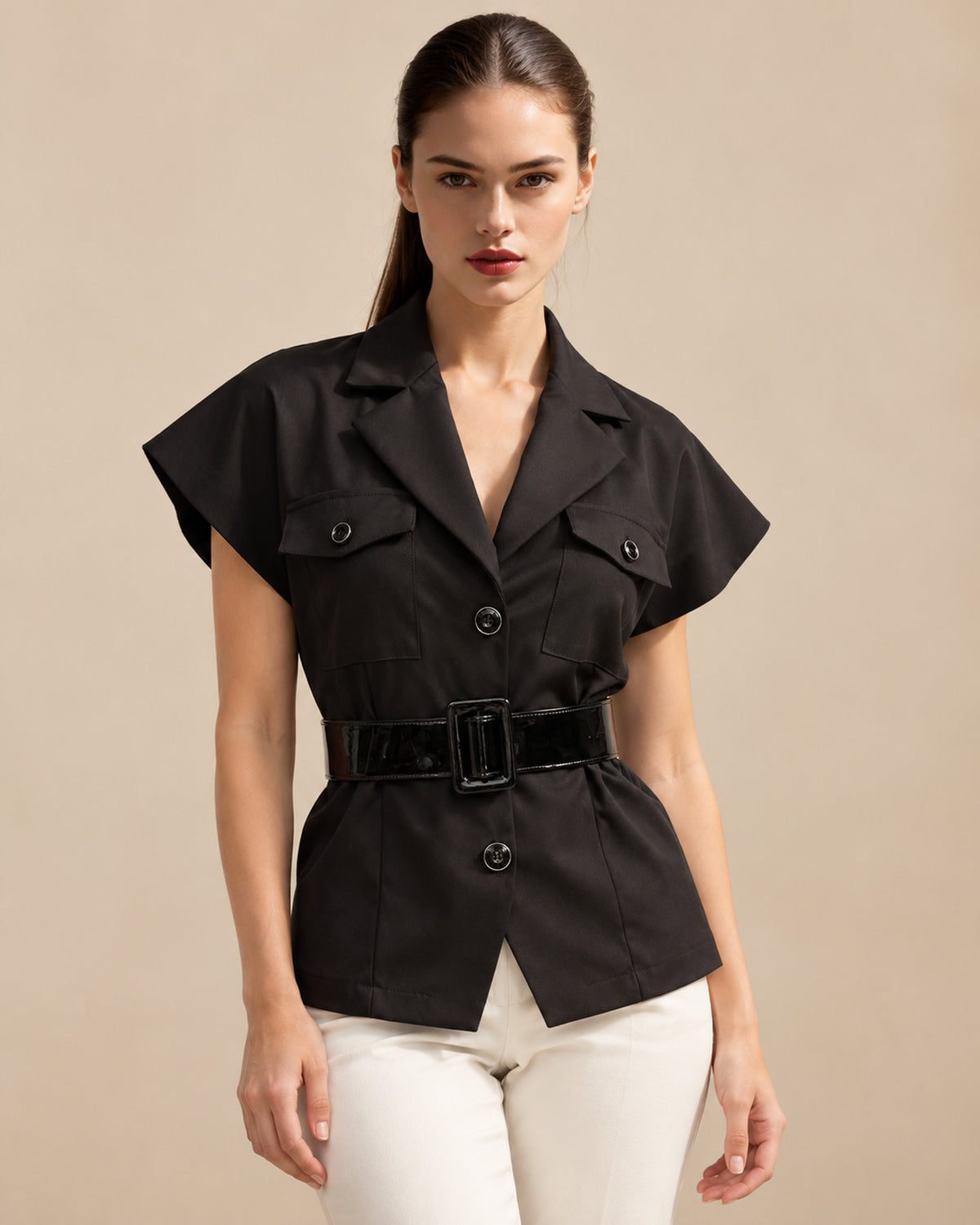 Blusa Safari Cinturón Charol Negro – frente
