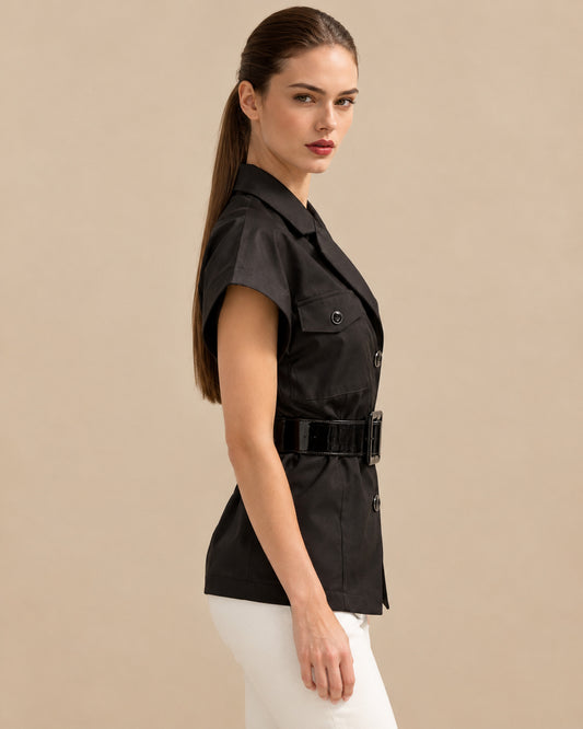 Blusa Safari Cinturón Charol Negro – lateral