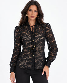 Blusa Encaje Floral Borlas Negro – frente