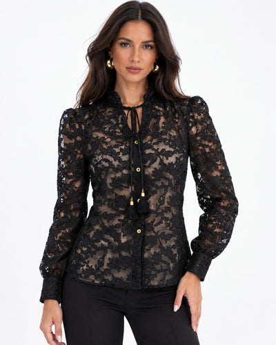 Blusa Encaje Floral Borlas Negro – frente
