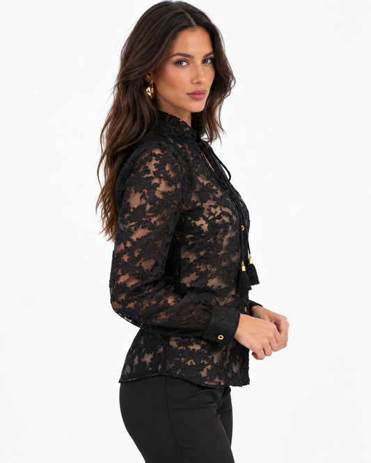 Blusa Encaje Floral Borlas Negro – lateral